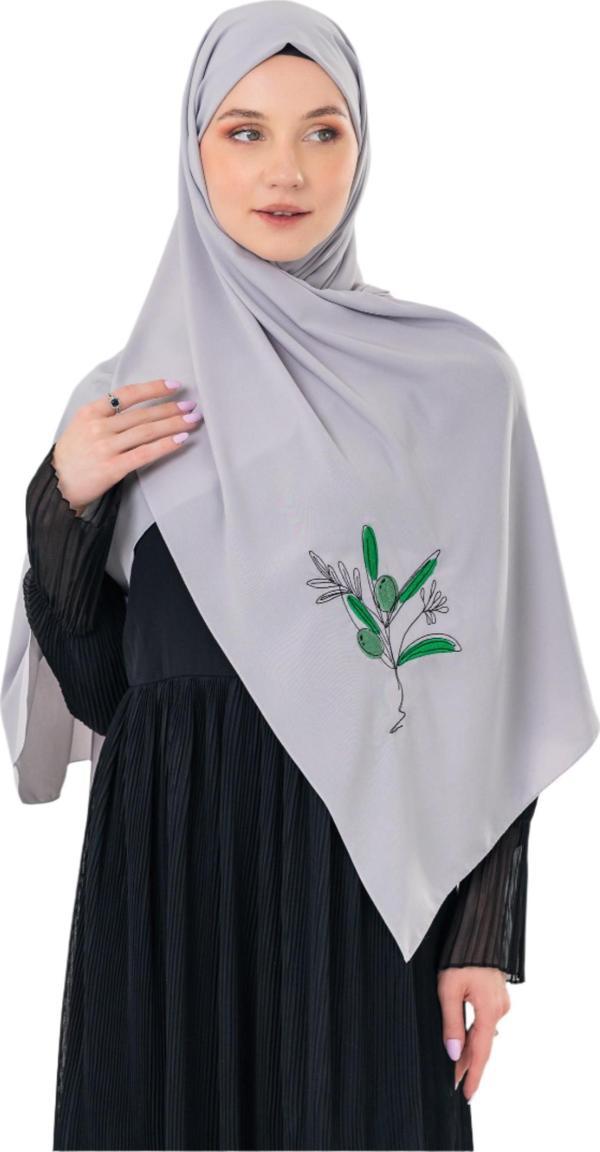 Polyster Gri Rengi Şal Filistin Zaytin Dalı Renkli Nakışlı S100037 - Image 1