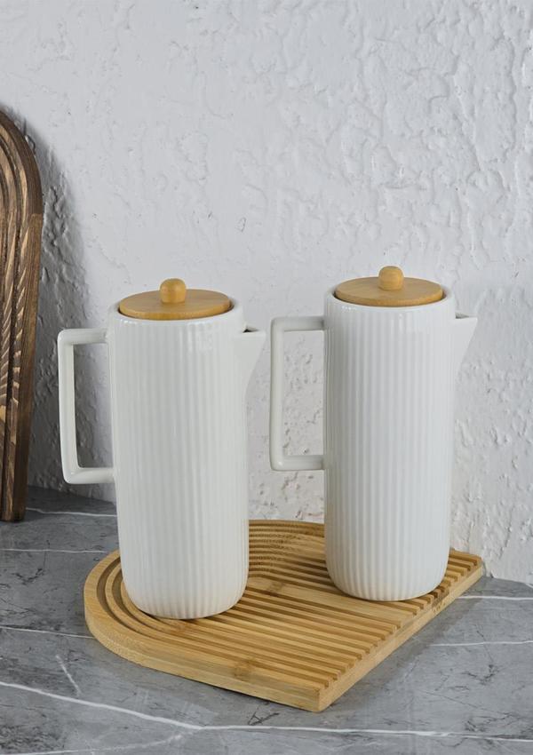 Mitra Porselen Yağlık Seti - Bambu Stantlı Yağdanlık Takımı - 2x600 ML - Image 1