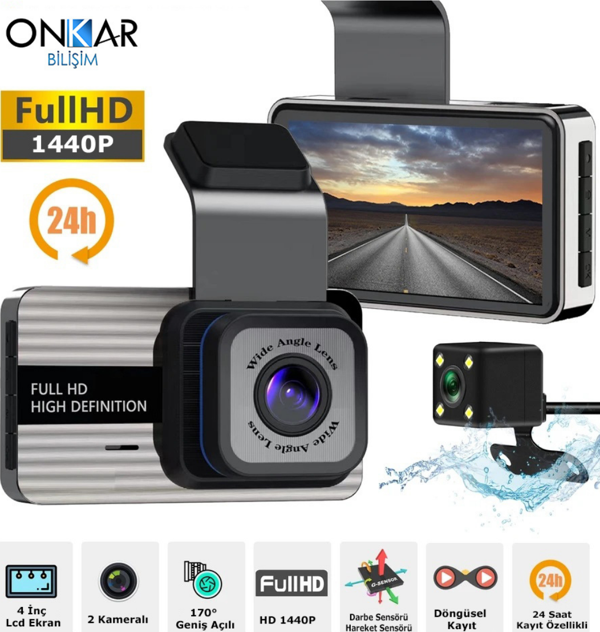 ONKAR T722 3MP 1440P 2 Kameralı Araç Kamerası - Image 1