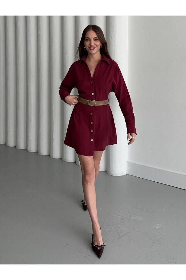 Laluvia Bordo Gold Düğmeli Kemerli Elbise - 250367 - Image 1
