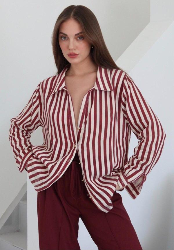 Laluvia Bordo Çizgili Gold Düğmeli Gömlek - 4966 - Image 1