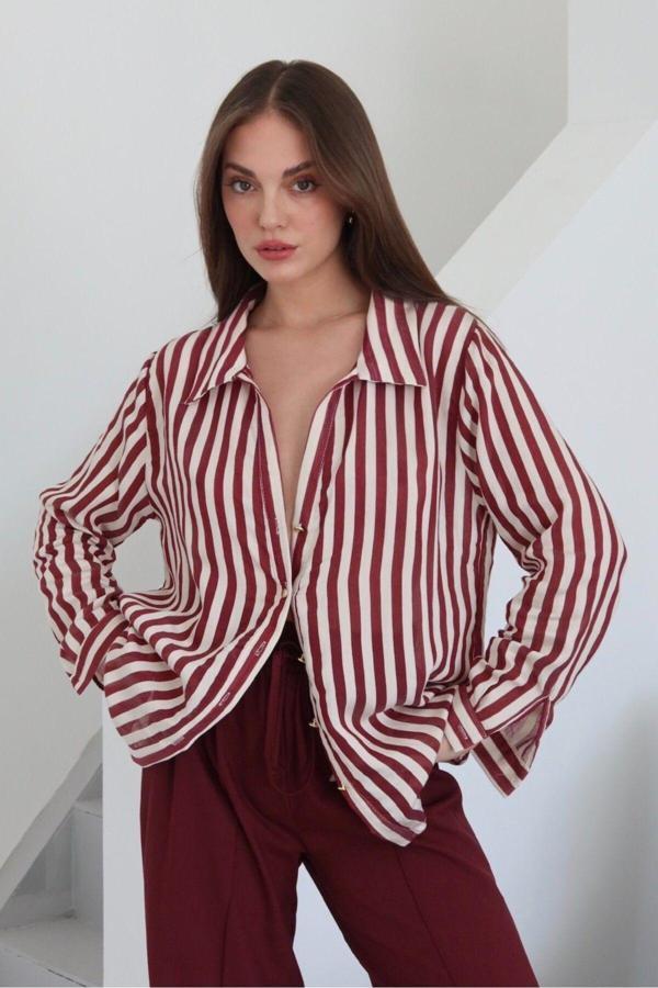 Laluvia Bordo Çizgili Gold Düğmeli Gömlek - 4966 - Image 1
