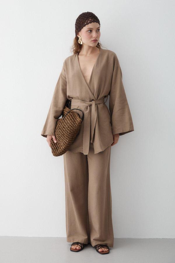 Laluvia Sütlü Kahve Pamuklu Kimono Bol Paça Pantolon Takım - Image 1