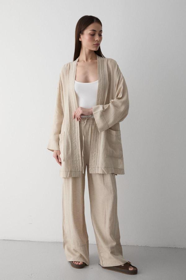 Laluvia Natural %100 Pamuk Cep Detaylı Kuşaklı Kimono Takım - 8491 - Image 1