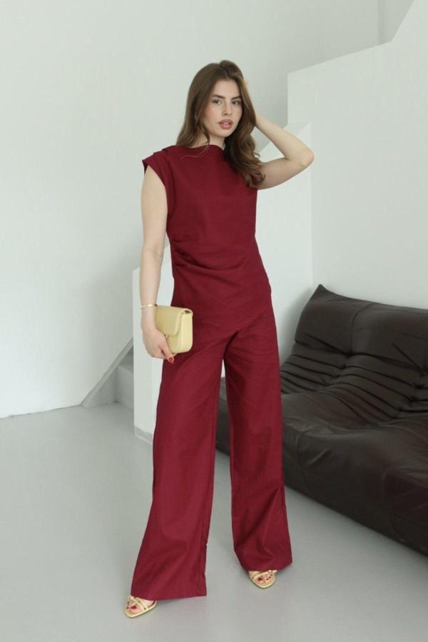 Laluvia Bordo Asimetrik Bluz Pantolon Takım - 7227 - Image 1