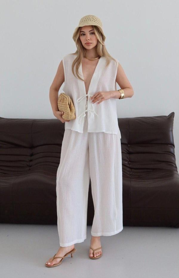 Laluvia Beyaz Samantha Bağlamalı Yelek Pantolon Takım - 51155 - Image 1