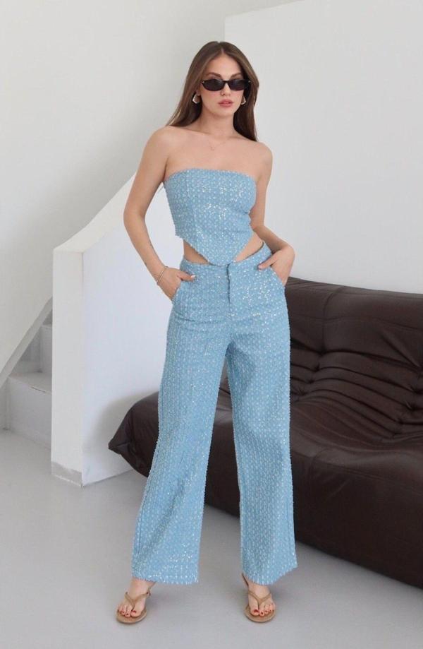 Laluvia Mavi Pullu Kot Pantolon - Image 1