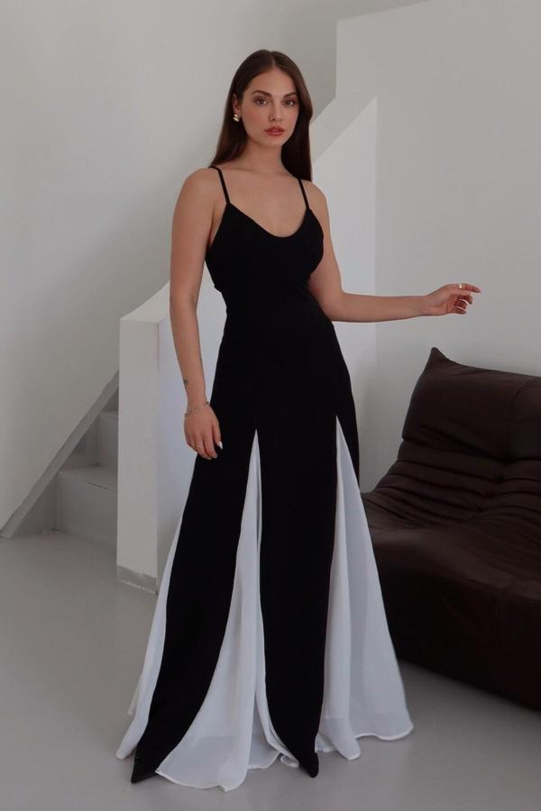 Laluvia Siyah Beyaz Ayarlanabilir Askılı Uzun Elbise - 0205 - Image 1