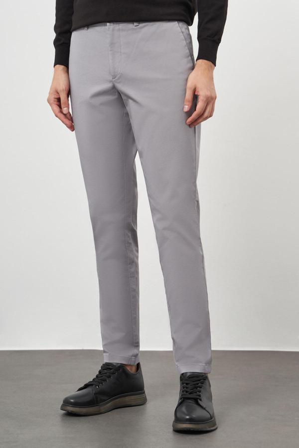  Erkek Gri Pamuk Yan Cep Slim Fit Chino Pantolon - Image 1