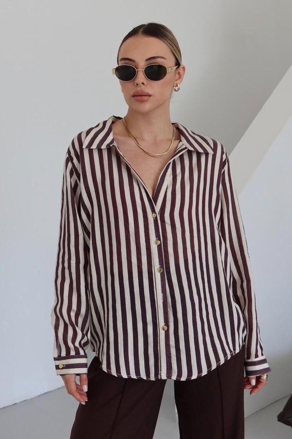 Laluvia Mürdüm Çizgili Gold Düğmeli Gömlek - 4966 - Image 1