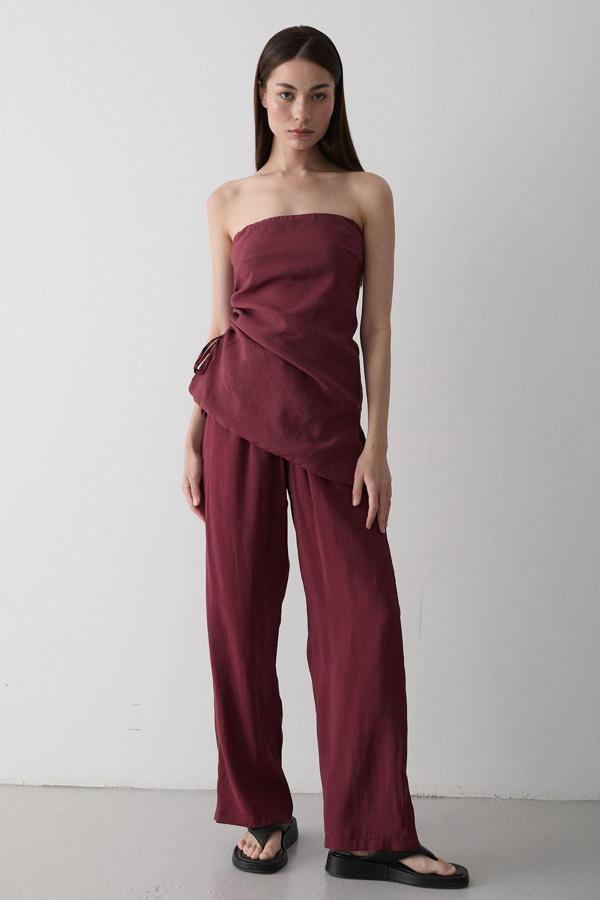 Laluvia Bordo Straplez Yanı Büzgülü Bluz Pantolon Takım - Image 1