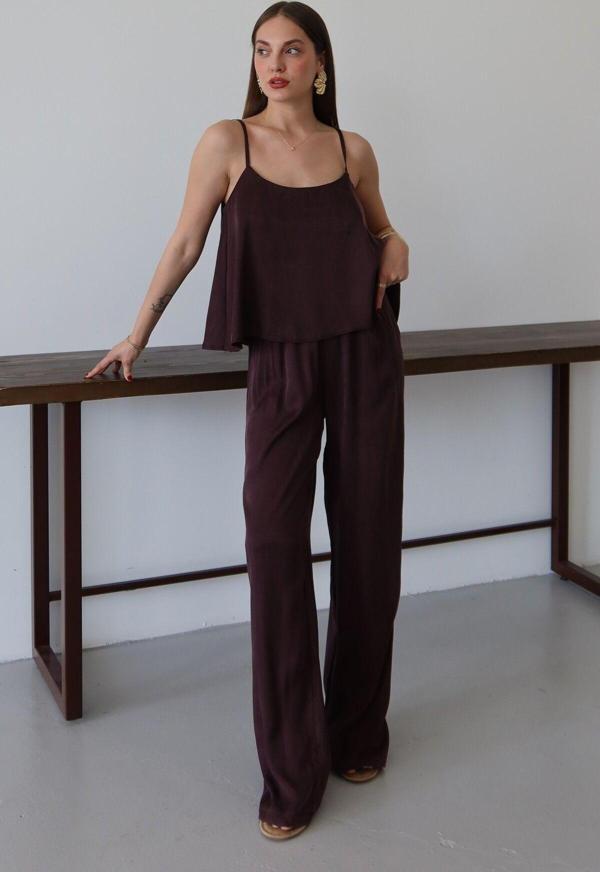 Laluvia Mürdüm Saten Görünümlü Askılı Bluz Pantolon Takım - 51043 - Image 1