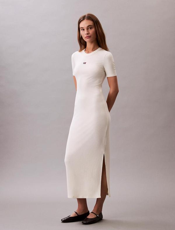 Calvin Klein Jeans A - MODAL RIB SS DRESS Kadın Beyaz Elbise LV044C902G-PBA - Image 1