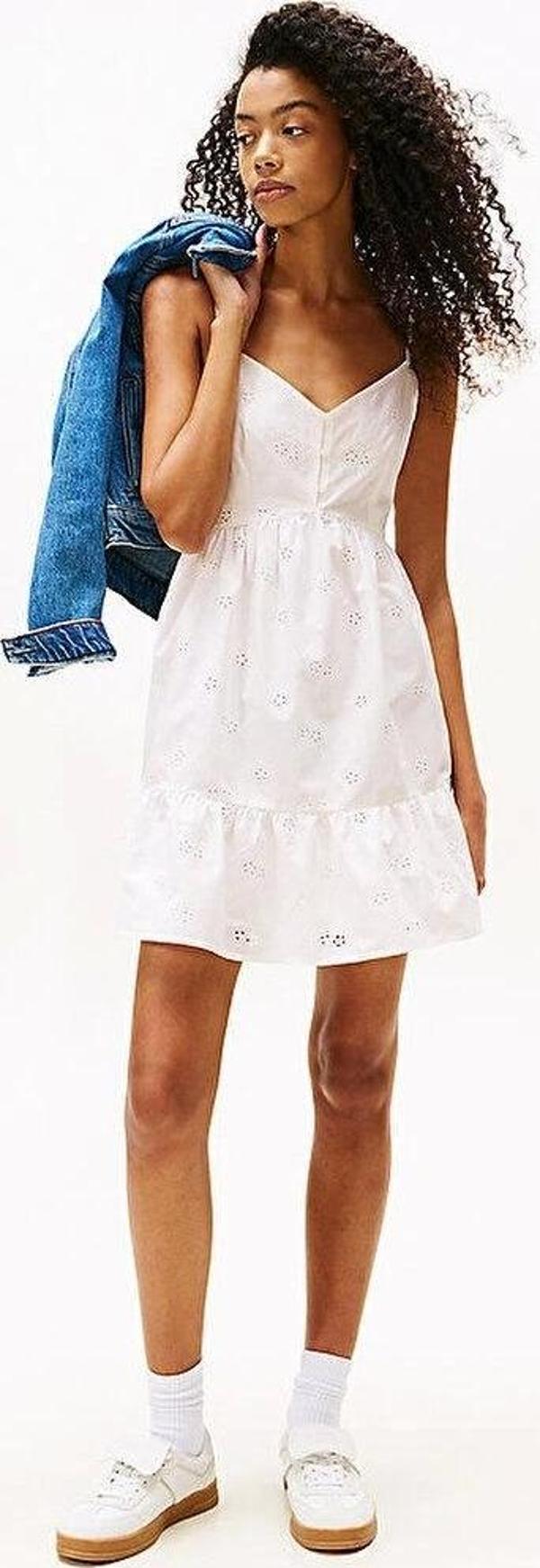 Tommy Jeans TJW BRODERIE ANGLAISE DRESS Kadın Beyaz Elbise DW0DW21165YBL - Image 1