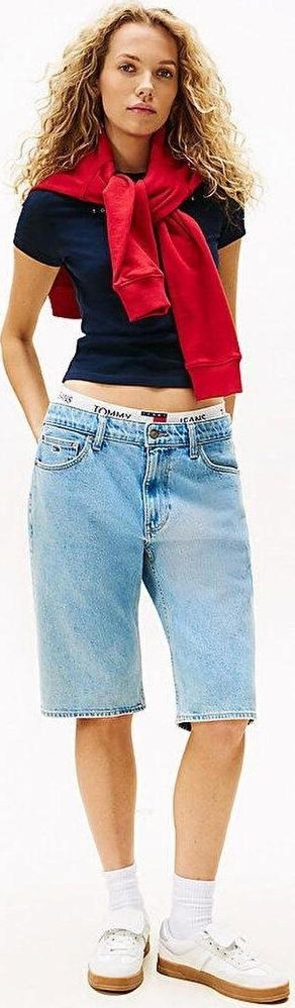 Tommy Jeans TJW SLIM TJ US LINEAR SS TEE Kadın Mavi T-shirt DW0DW21422C1G - Image 1