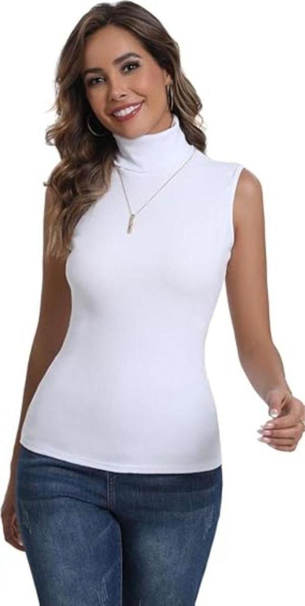 Sashaa Collection Kadın Yarım Balıkçı Yaka Badi Likralı Sıfır Kol Kolsuz Body Beyaz - Image 1