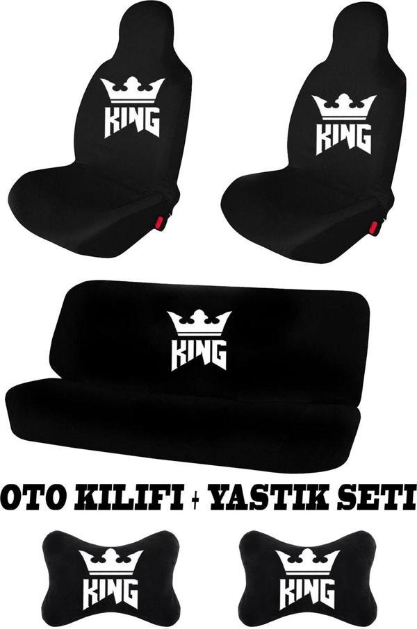 1Araba1Ev King Baskılı Tüm Modellerle Uyumlu Oto Koltuk Kılıfı Ön Arka Takım + 2 Adet Boyun Yastığı Seti - Image 1