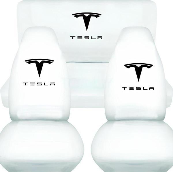 1Araba1Ev Oto Koltuk Kılıfı Beyaz Penye Tesla Baskılı Ön Arka Takım Set - Image 1