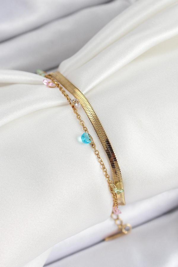 Zarif Kadın için Golden Çelik Alaca Kristal Taşlı Çiftli Bileklik - Image 1