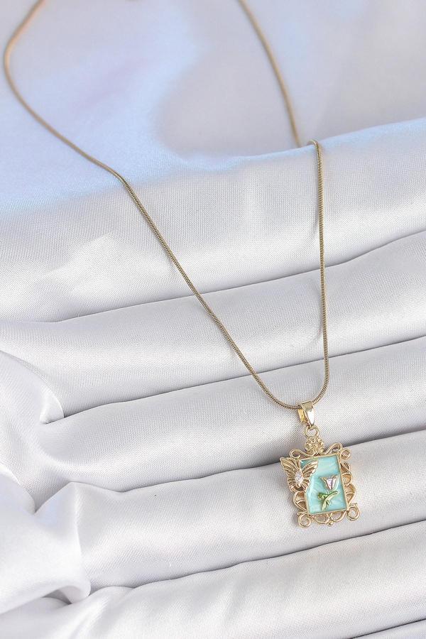 Zarif Kadın için Golden Çelik Mavi Mine Çiçek Zirkon Kelebek Portre Kolye - Image 1