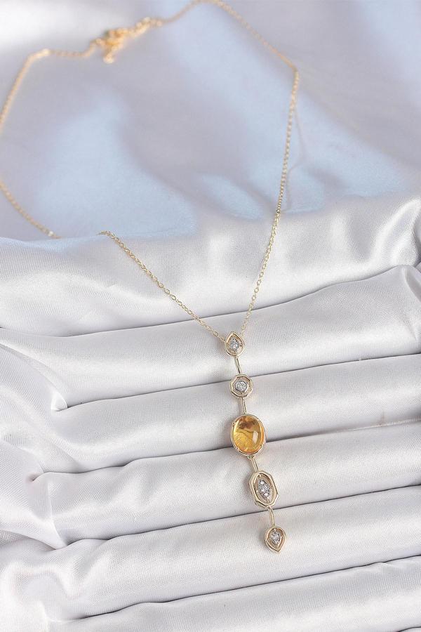 Zarif Kadın için Golden Pirinç Zincir Kehribar Sarı Zirkonlu Y Kolye - Image 1