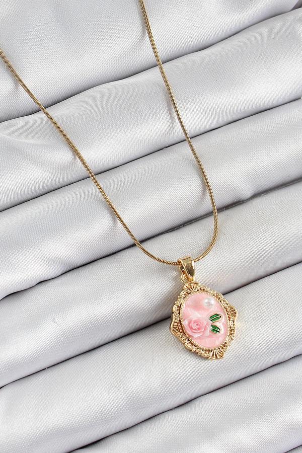 Zarif Kadın için Golden Çelik Zincir Pembe Sanat Portre İnci Gül Kolye - Image 1