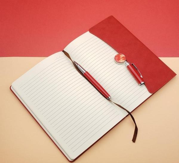 Büro Ev Ofis Hediyesi için Çizgili Defter Kırmızı Metal Kalem Seti - Image 1