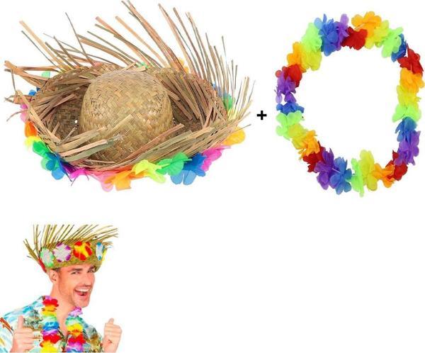 Büro Ev Ofis Gösteri Hawaii Kostümü için Tropikal Çiçekli Hasır Şapka Çiçekli Kolye Seti - Image 1