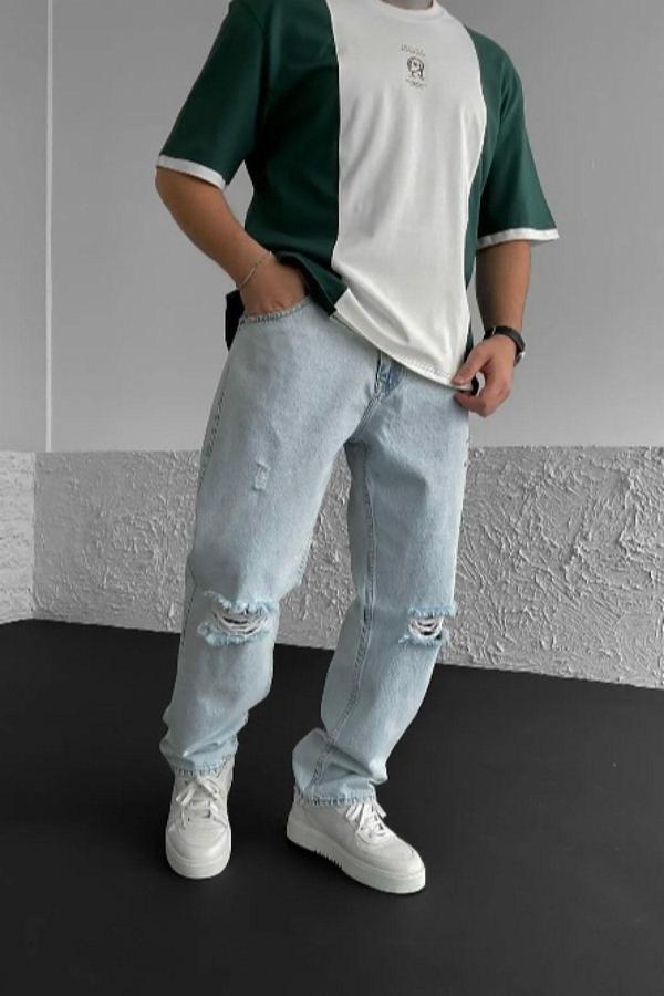 No61 Man Baggy Buz Mavisi Diz Yırtık Modelli Kot Pantolon - Image 1