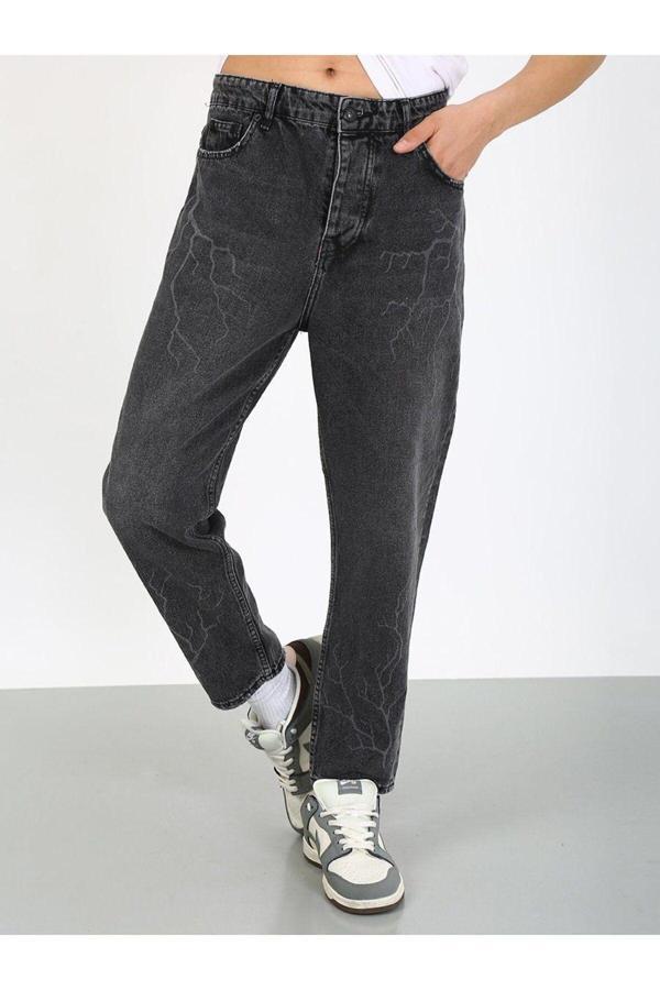 Kaizer Denim Boyfriend Şimşek Desenli Füme Jean-Füme - 32 - Image 1