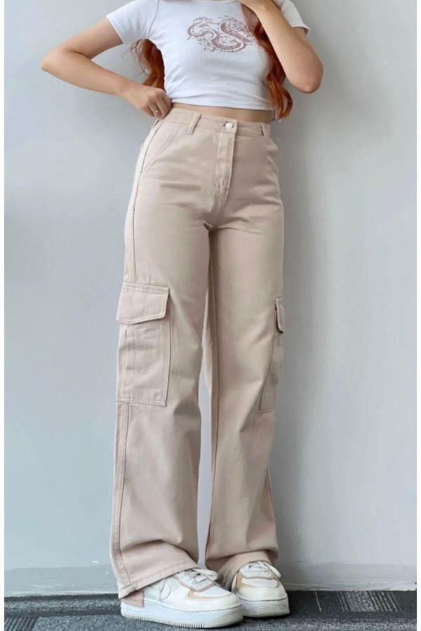 Viking'S Line Bej Wide Leg Kargo Cep Palazzo Kot Pantolon Jean Yüksek Bel - Image 1