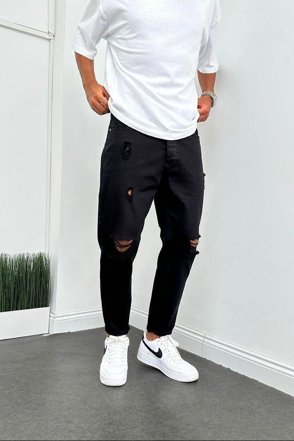 No61 Man Boyfriend Siyah Yırtık Detaylı Rahat Kalıp Kot Pantolon - Image 1