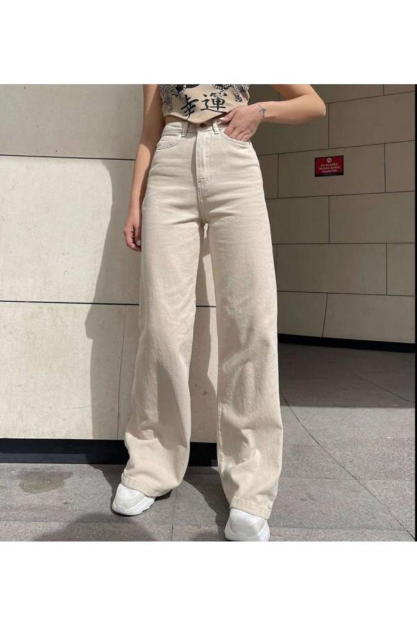 Lamira Palazzo Bej %100 Pamuk Yüksek Bel Salaş Wide Leg Jeans - Image 1
