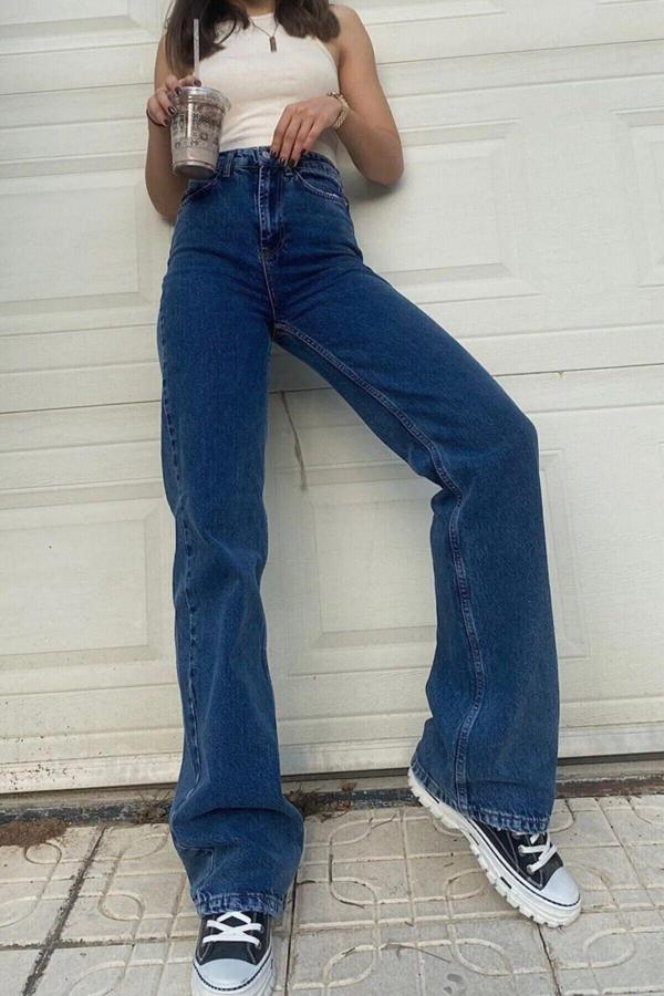 Curcunashop Kadın Yüksel Bel Likralı Bol Paça Kot Pantolon - Image 1