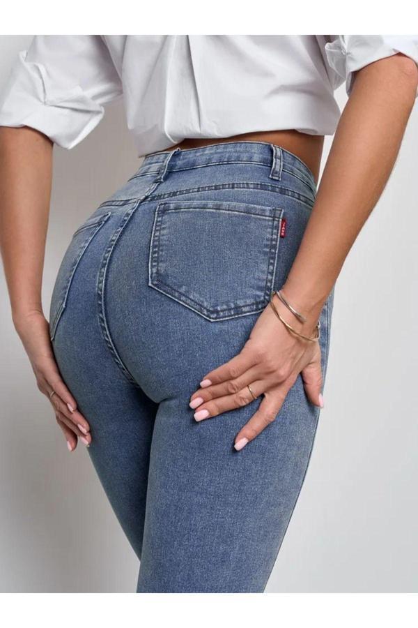 Polle Dar Paça Kar Yıkamalı Yüksek Bel Jean Pantolon My - Image 1