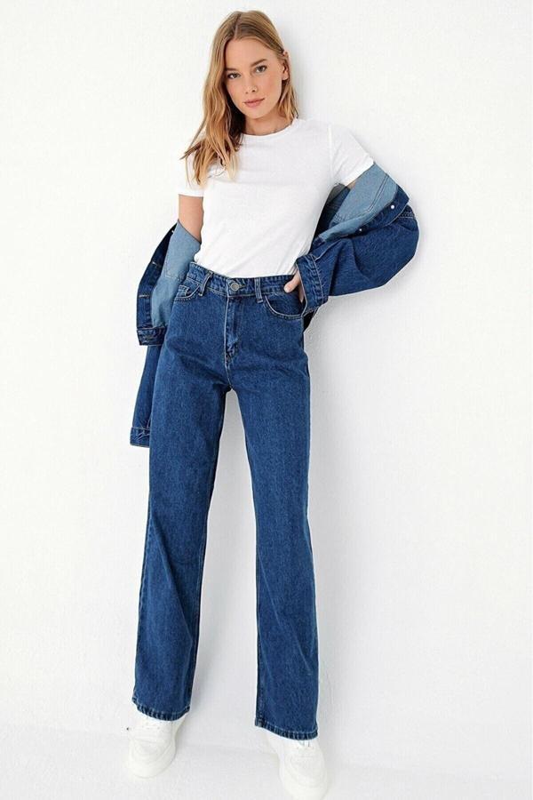 Viking'S Line Afanda Koyu Mavi Likralı Palazzo Salaş Paça Süper Yüksek Bel Jean Pantolon - Image 1