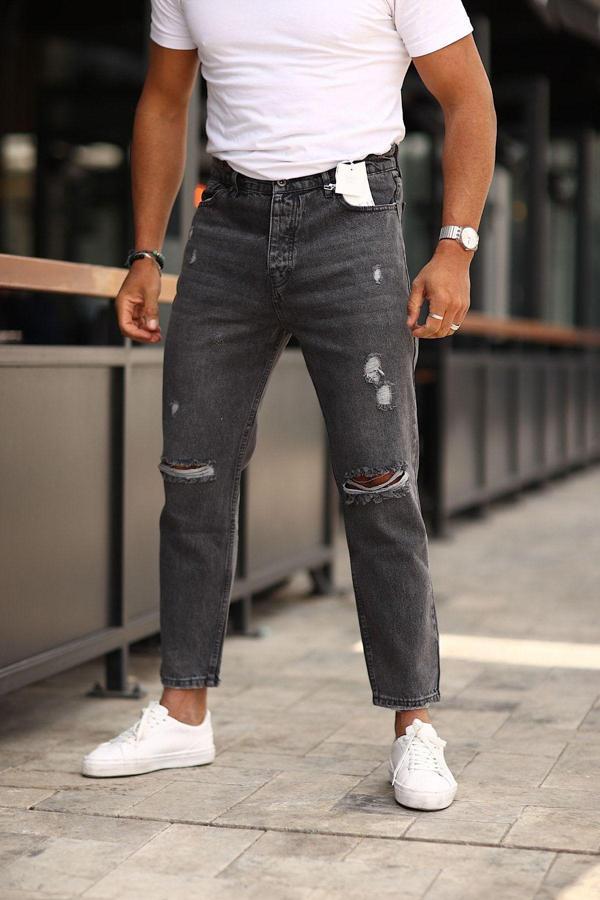 No61 Man Füme Renk Rahat Kalıp Yırtık Model Kot Pantolon - Image 1