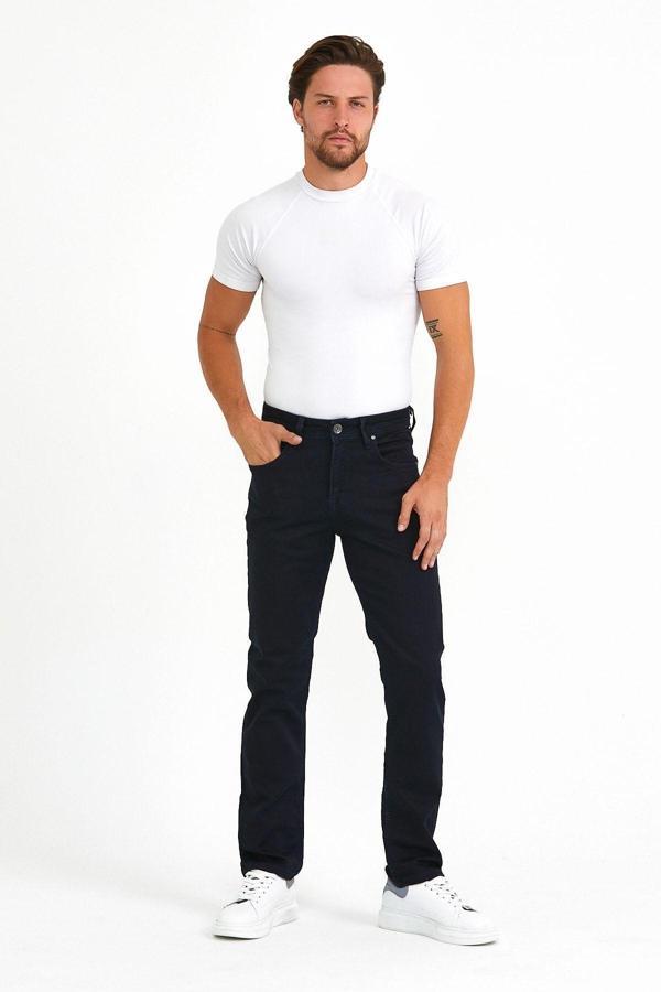 Digital Normal Kesim Fermuarlı Geniş Paça Yüksek Bel Lacivert Baba Örme Kumaş Kot Pantolon - Image 1