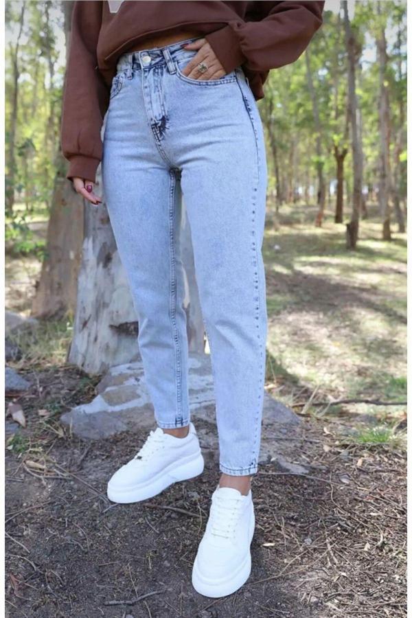 Asia Kar Yıkama Yüksek Bel Likrasız Mom Jean Boyfrend  Kot Pantolon - Image 1