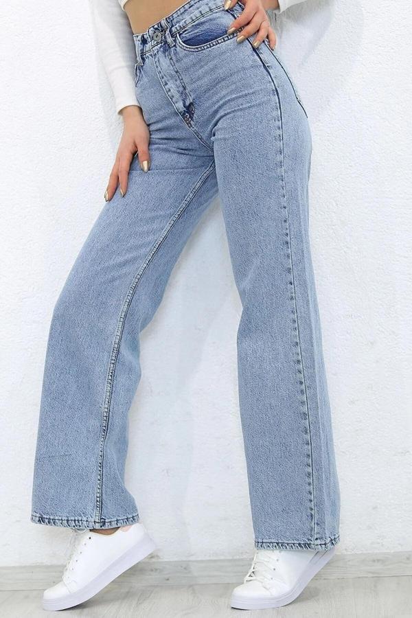 Viking'S Line Açık Mavi Kar Yıkama Likralı Palazzo Salaş Paça Süper Yüksek Bel Jean Pantolon - Image 1