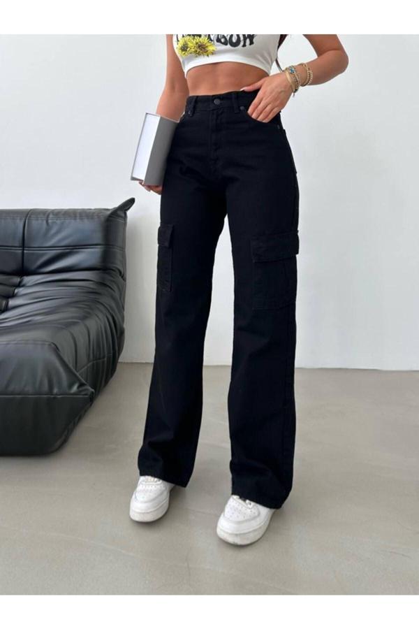 Viking'S Line Siyah Kargo Cep Wide Bol Paça Yüksek Bel - Image 1