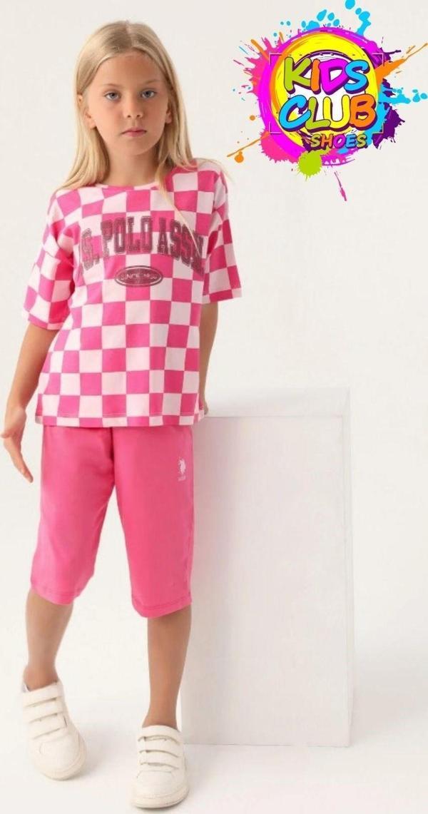 U.S. Polo Assn. Lisanslı US1811 Plaid T-Shirt ve Kapri Alt Üst Kız Çocuk Takımı - Image 1