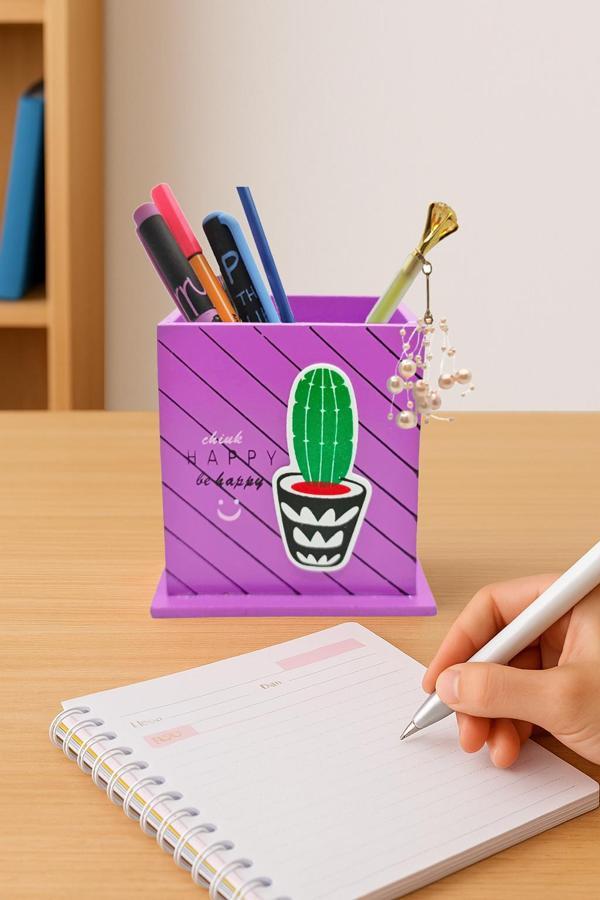 Ahşap Masaüstü Kalemlik Kaktüs Desenli Mor - 1 Adet - Image 1
