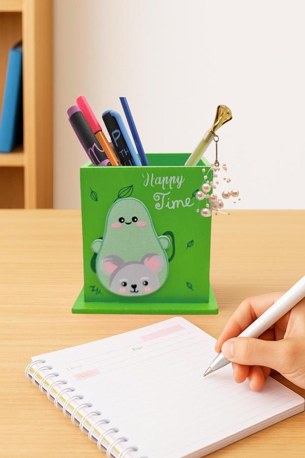 Ahşap Masaüstü Kalemlik Sevimli Avakado Koala Desenli Yeşil - 1 Adet - Image 1