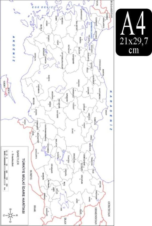 Türkiye Mülki İdare Haritası A4 10 Adet 21x29.7cm Türkiye Mülki İdare Harita Fotokopi Proje Ödev Doldurulabilir Okul - Image 1