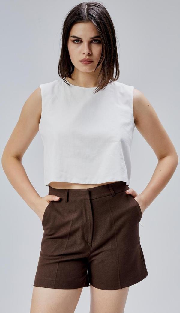 Ekru Regular Crop Bluz - Image 1