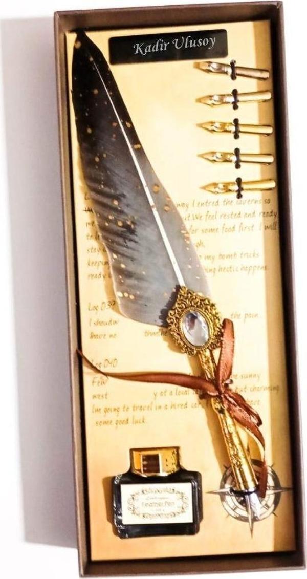 Kişiye Özel Retro Tüylü Divit Kalem Seti - Özel Kutulu Yazı Kalemi ve Mürekkep Seti - Image 1