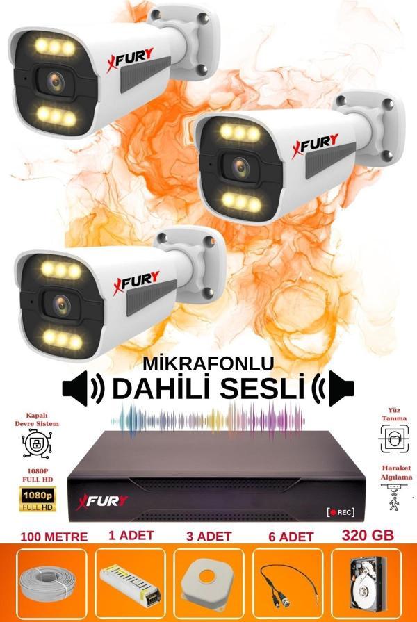 FURY 3 LÜ Sesli 6 Warm Led Gece Renkli Görüş Su Geçirmez Güvenlik Kamerası Seti 320GB - Image 1