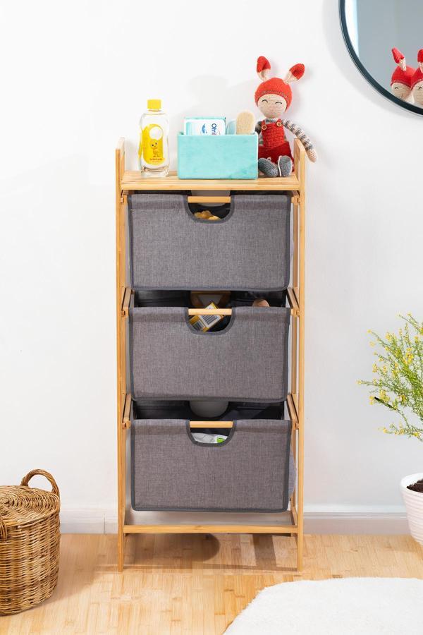Porsima 2059 3 Katlı Çok Amaçlı Çekmeceli Organizer Dolap Ahşap Bambu Ayaklı 3 Hazneli Düzenleyici Kumaş Askılı Organizer Oyuncak Sepeti Banyo Mutfak Düzenleyicisi - Image 1
