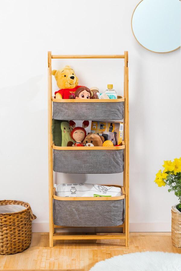 Porsima 2085 3 Katlı Çok Amaçlı Organizer Dolap Ahşap Bambu Ayaklı 3 Hazneli Düzenleyici Kumaş Askılı Organizer Oyuncak Sepeti Banyo Mutfak Düzenleyicisi - Image 1